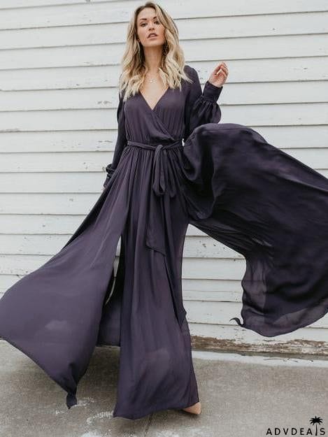 V-neck Long Sleeves Belted Maxi Dress