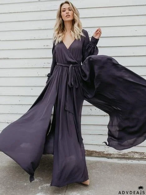 V-neck Long Sleeves Belted Maxi Dress