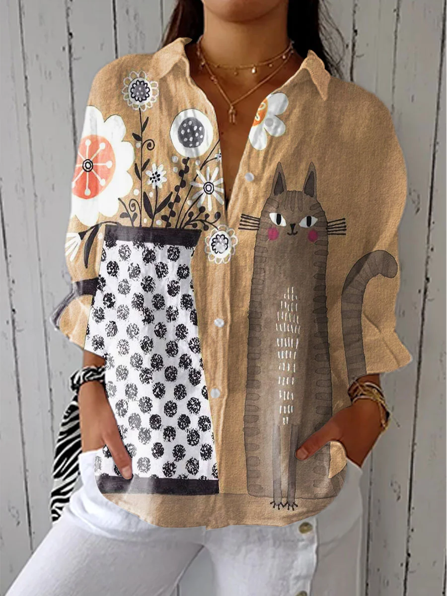 Women's Vintage Floral Cat Art Print Casual Linen V-neck Shirt