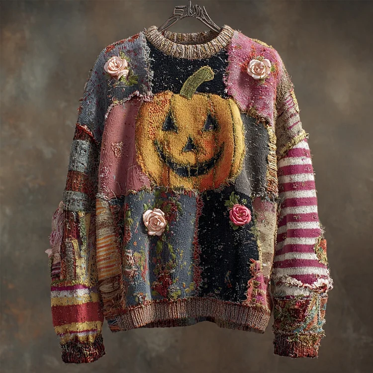 Halloween Pumpkin & Roses Embroidered Patchwork Knitted Sweater