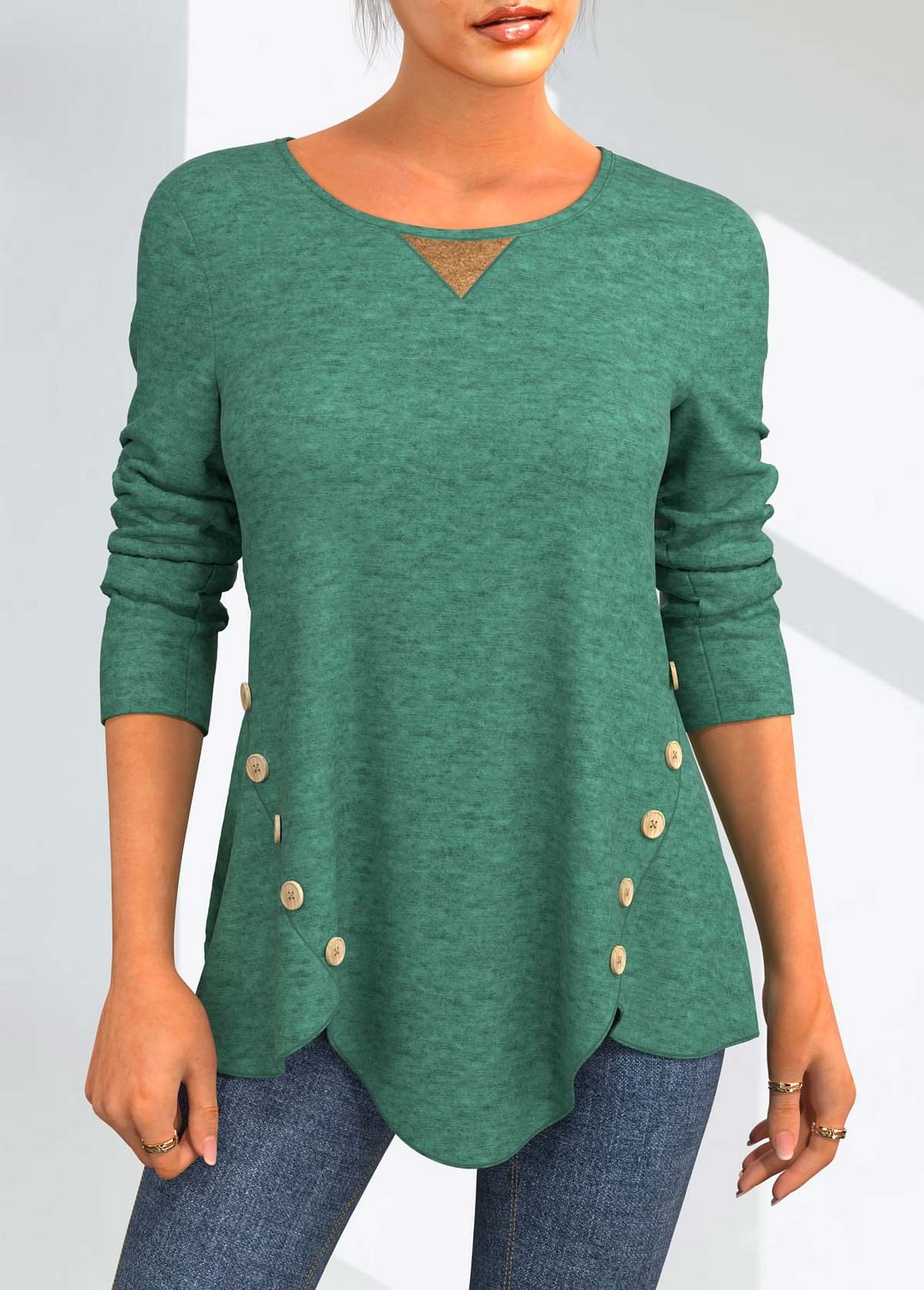 Oblique Button Blackish Green Asymmetric Hem T Shirt