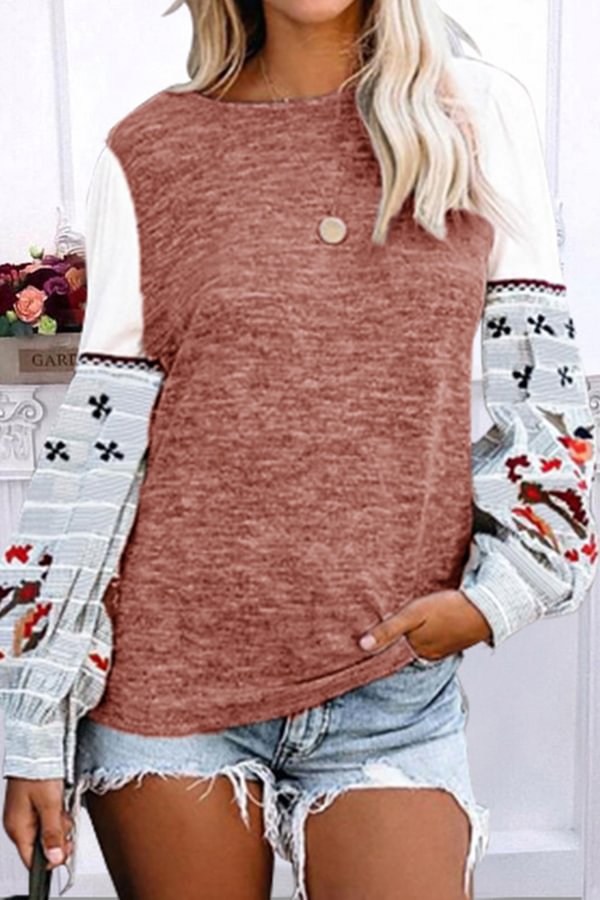 Round Neck Long-sleeved Print Patchwork Sweatshirt