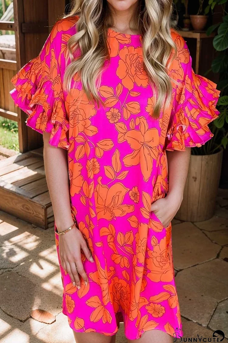 sloping shoulder ruffle print dress