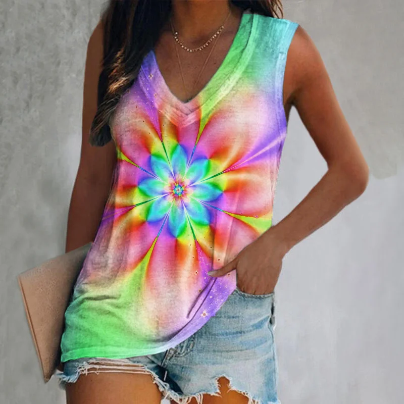 Gradient color flower v-neck vest designer