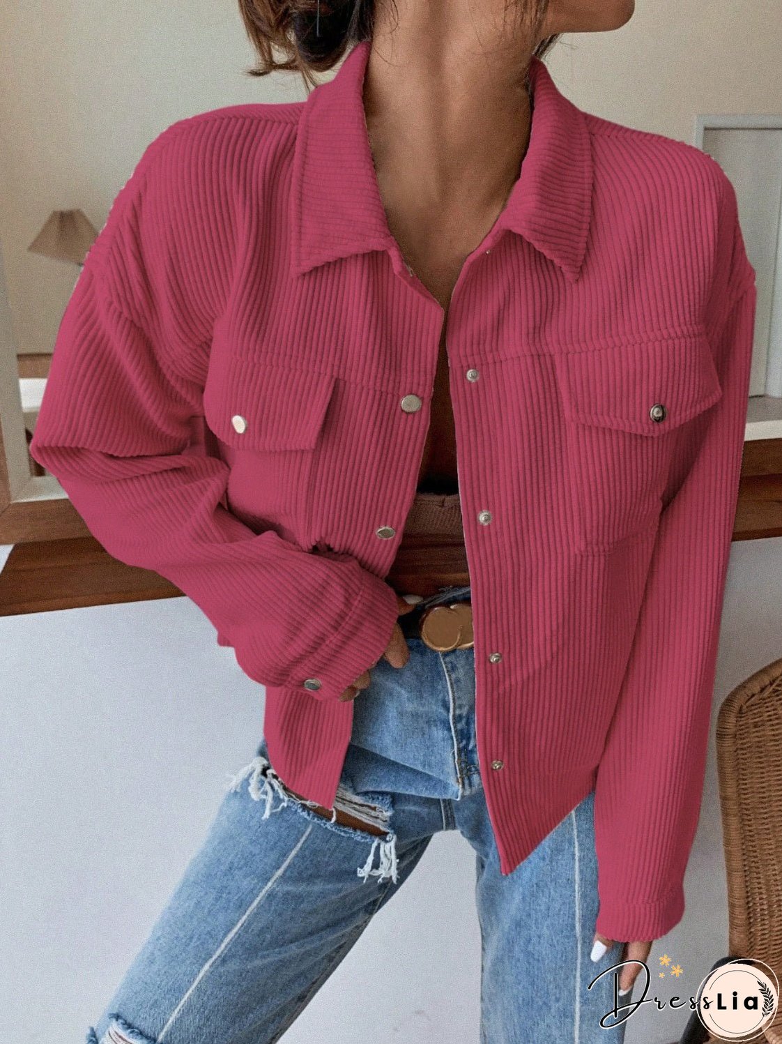 Honey Pocketed Collared Neck Snap Down Jacket