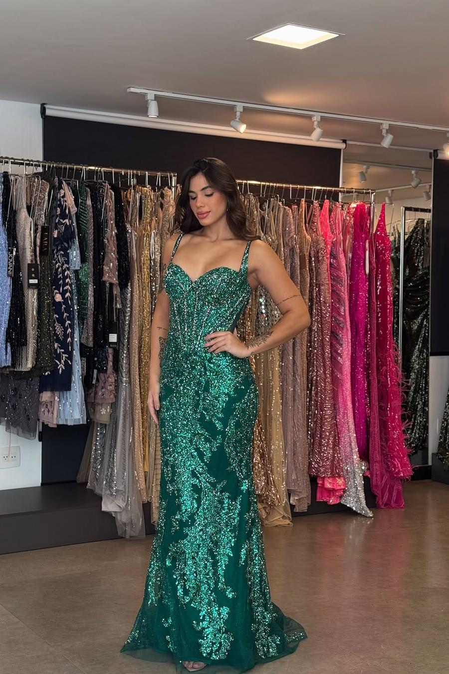 Lussooy Emerald Green Stunning Sequins Spaghetti Strap Sleeveless Mermaid Prom Dress with Applique 