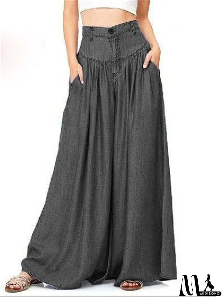 MidiSono - Vintage High Waist Plus Size Faux Denim Wide Leg Pants for Lady