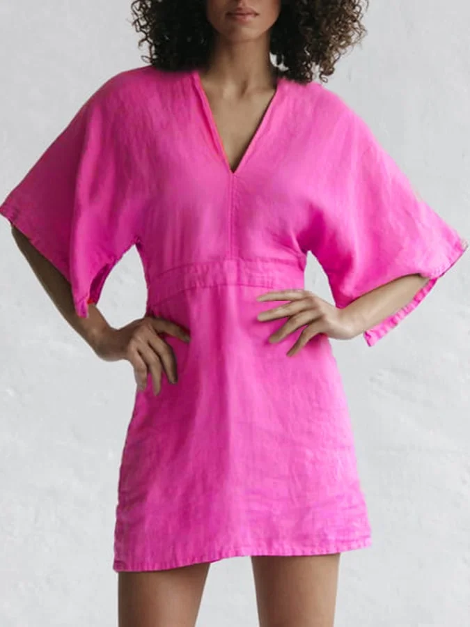 Women's solid color v-neck casual linen dress