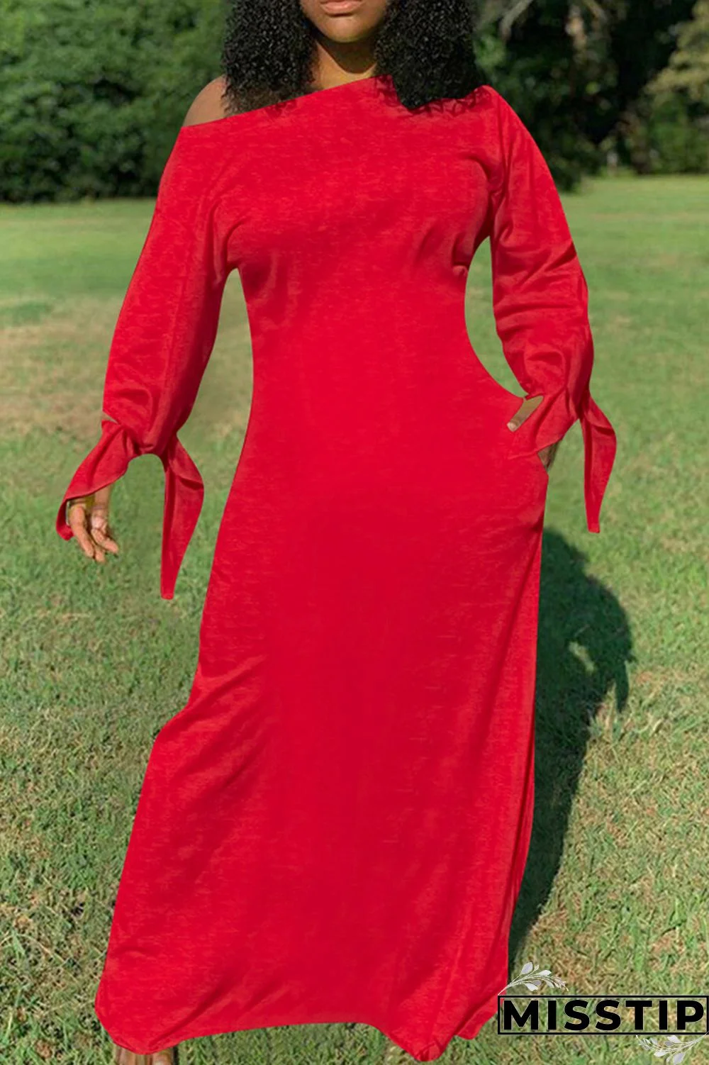 Red Fashion Casual Solid Bandage O Neck Long Sleeve Dresses