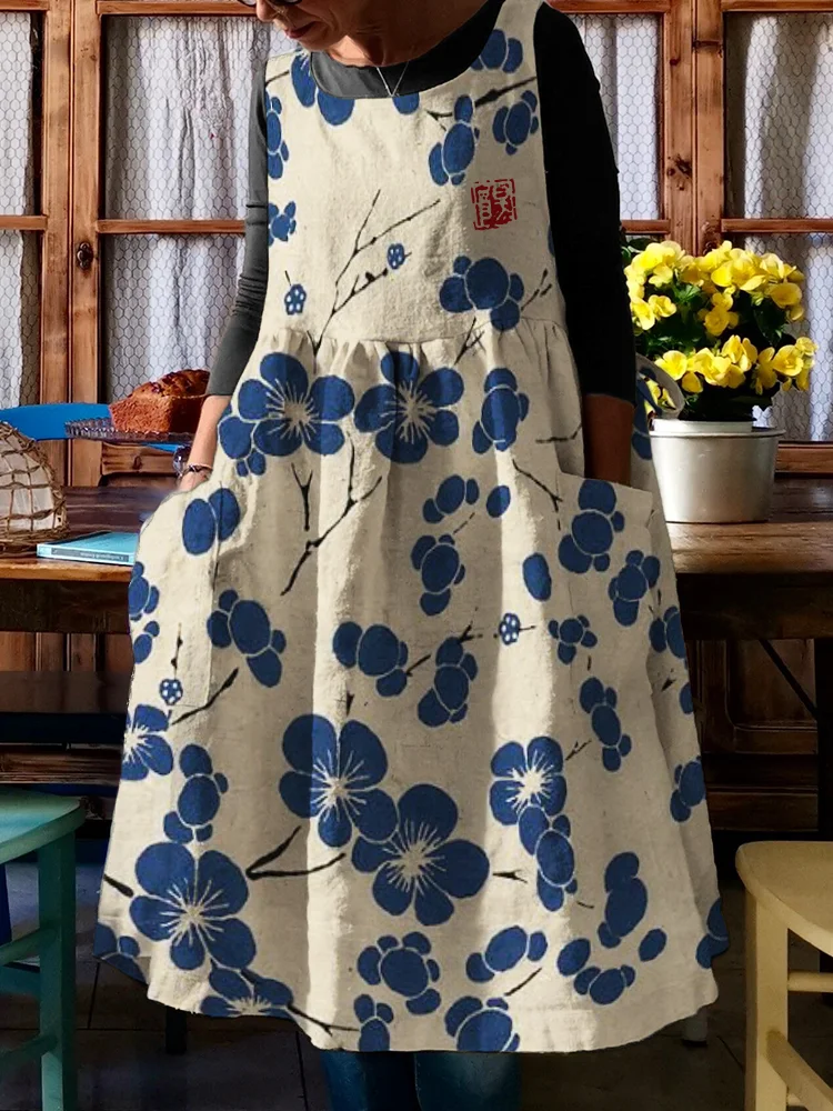 Cherry Blossom Japanese Lino Art Pinafore Midi Dress