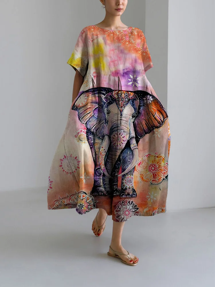 Women's Casual Art Elephant Print Loose Round Neck Medium Length Skirt Dress