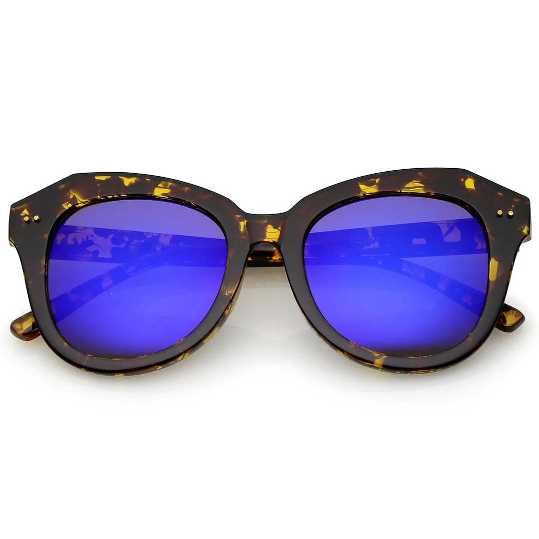 Women's Oversize Horn Rimmed Colored Mirror Round Lens Cat Eye glasses 52mm