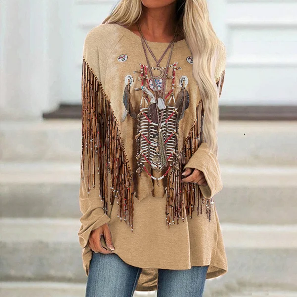 Women's Weatern Vintage Tassels Art Round Neck Casual Tunic