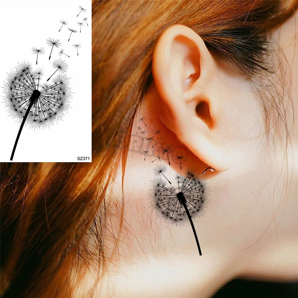 Black Pencil Sketch Henna Lotus Temporary Tattoos For Women Girls Realistic Planet Dandelion Fake Tattoo Sticker Back Arm Tatoos