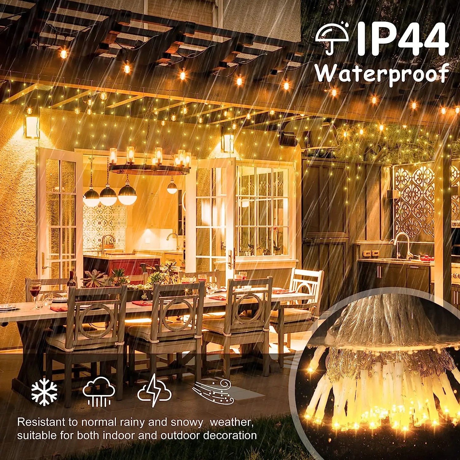 Tegooe Extendable Icicle LED Curtain Lights - Warm White Twinkle IP44 Rated