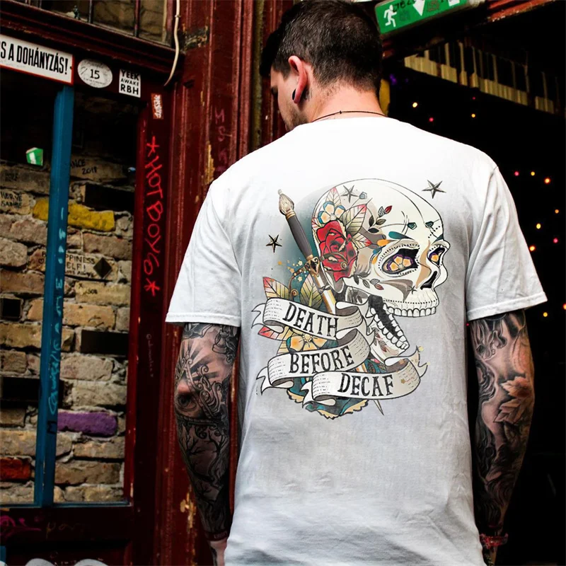 Death Before Decaf Skull Rose Printed Men's T-shirt Designer -  