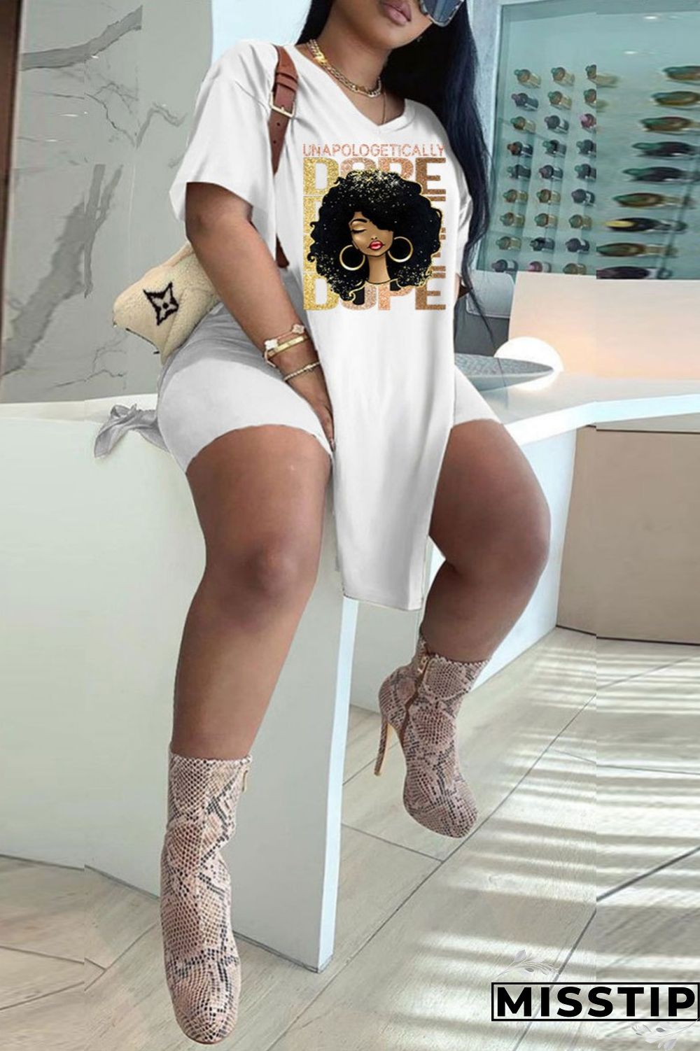 Black White Casual Print Patchwork V Neck Plus Size Two Pieces