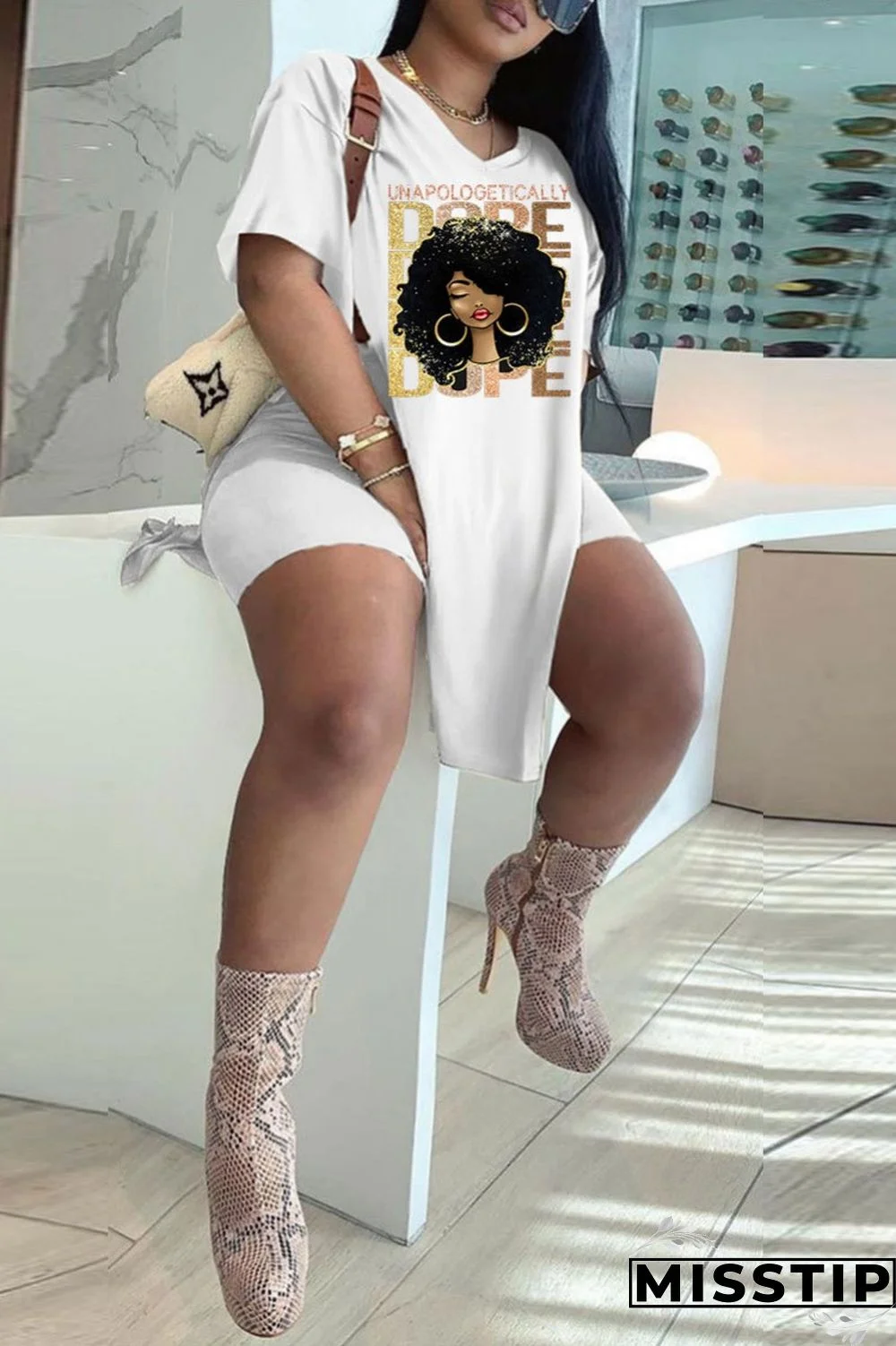 Black White Casual Print Patchwork V Neck Plus Size Two Pieces