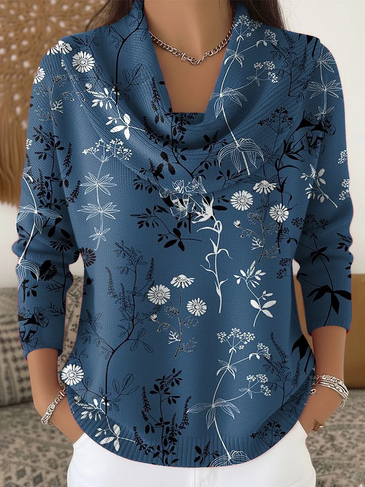 Women's Floral Art Print Cowl Neck Sweater