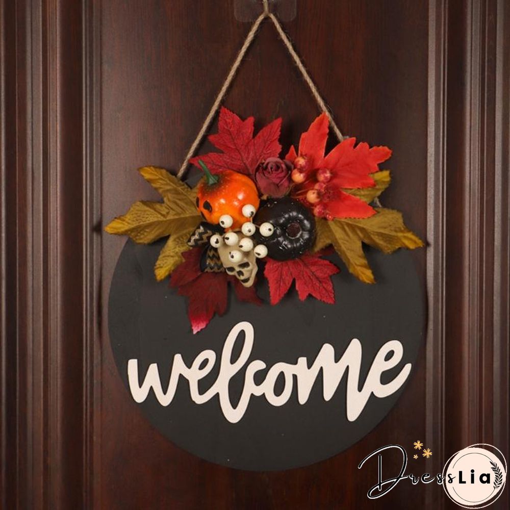Wooden Door Sign Skull Pumpkin Wreath Wall Hanger Decor For Halloween