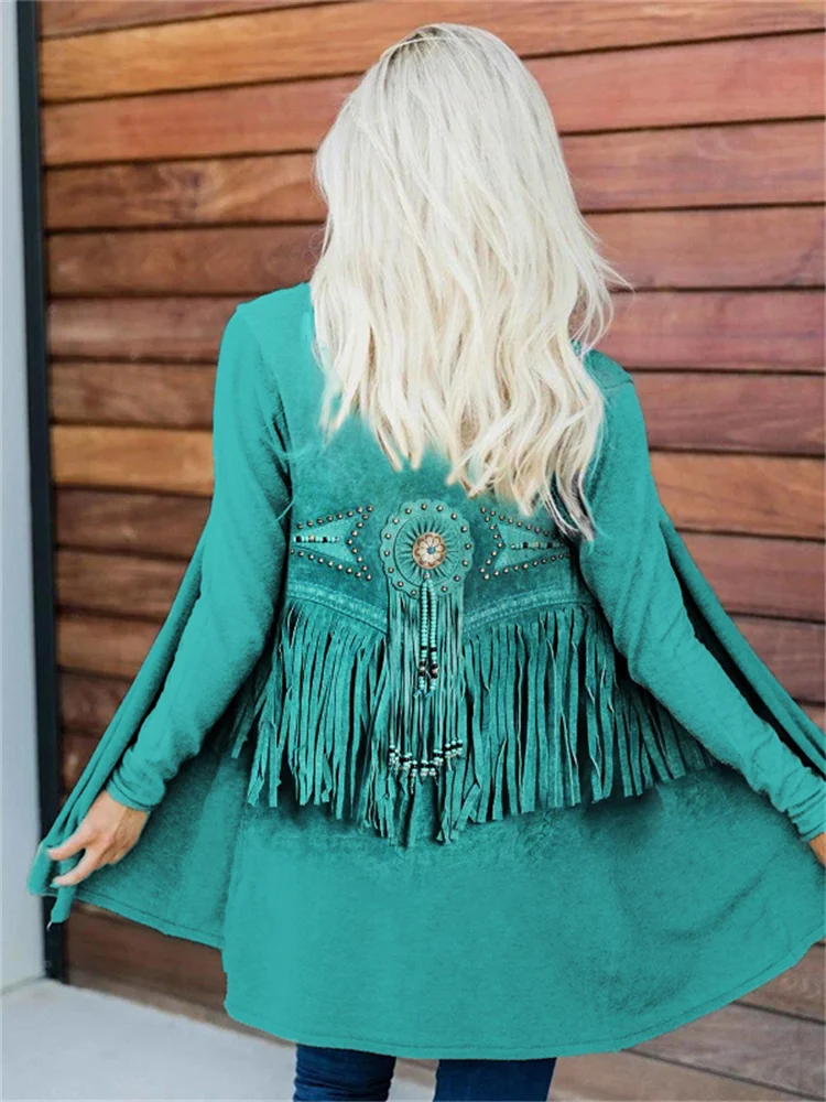 Western Turquoise Leather Art Comfy Cardigan
