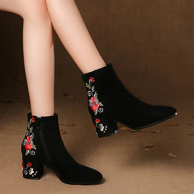 Comemore Women's Ankle Boots High Autumn And Winter Warm Cotton Shoes Women Suede Mid-heel Embroidered Mid-tube Booties Woman 40
