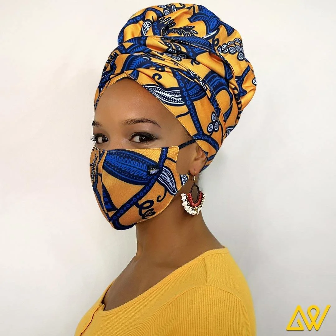African Print Button Head Wrap With Satin-Lined Face Cover-AW1987+
