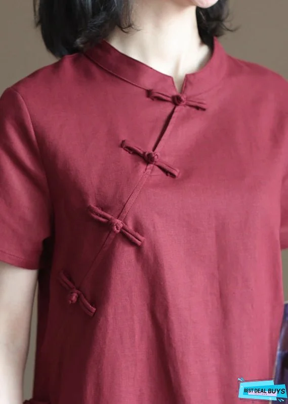 Women Mulberry Solid Mandarin Collar Oriental Button Side Open Cotton Linen Dresses Short Sleeve