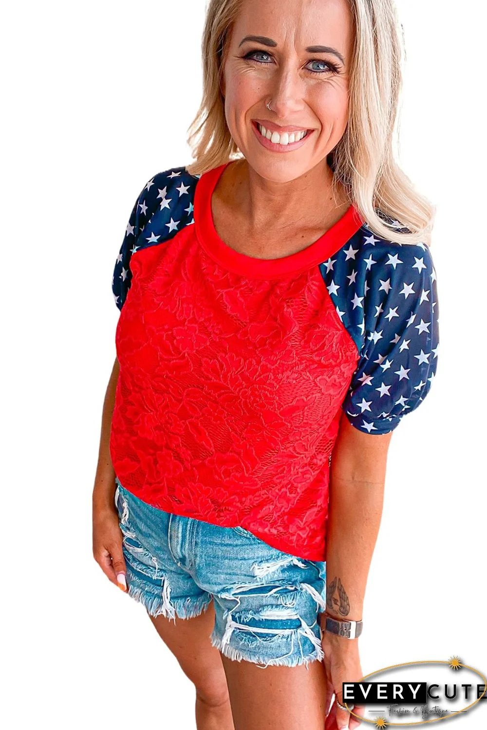Red Lace Overlay Contrast Star Sleeve Flag Day T Shirt