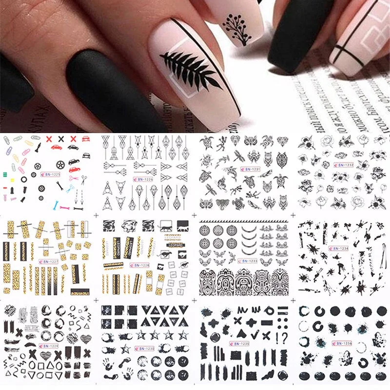 12 Styles Harunouta Nail Water Decals Maple Leaves Geometric  Line Nail Water Stickers Slider Nail Art Decoration Wraps-Nail Inspo