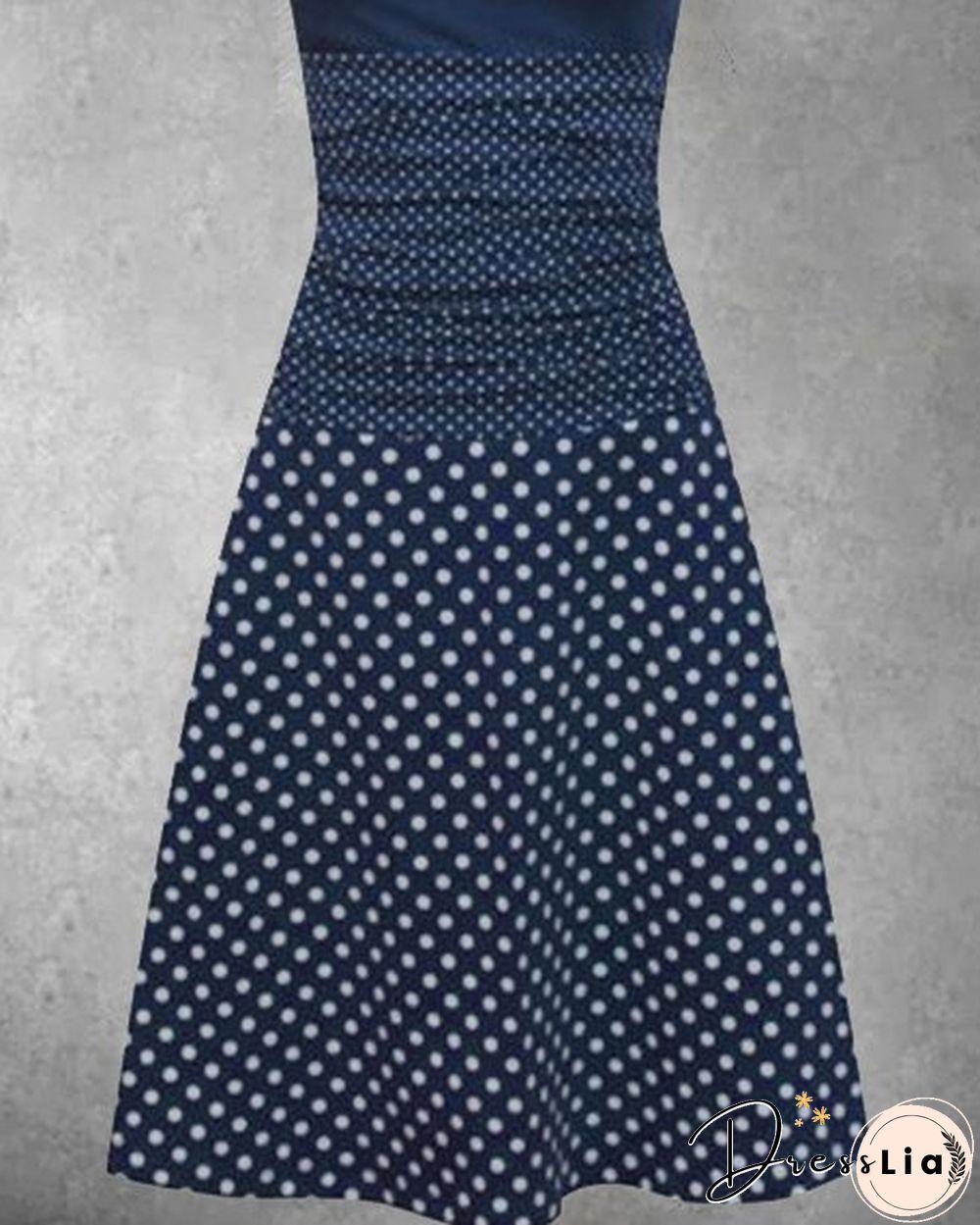 Deep Blue Knitted Short Sleeve Polka Dots Knitting Dress