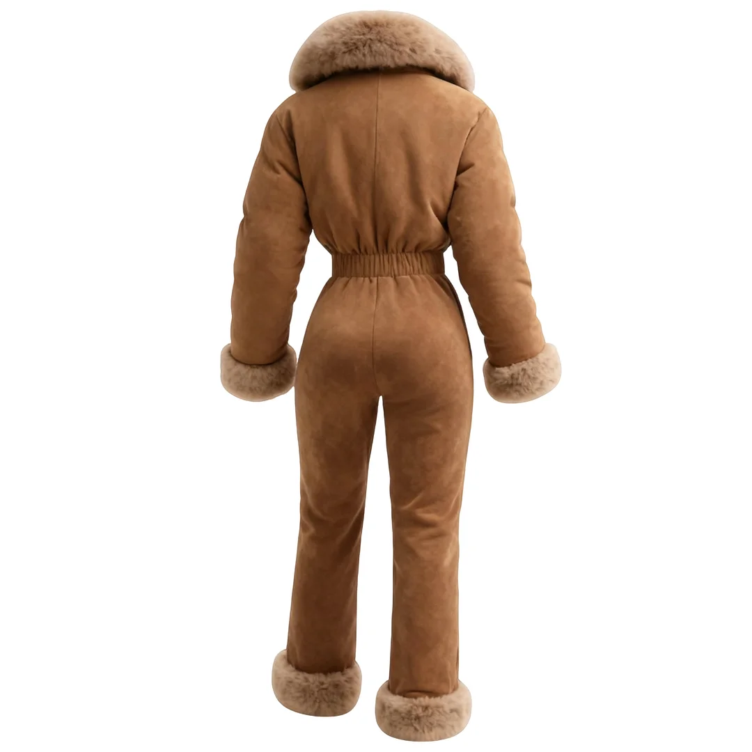 Women's Retro Thick Fur Collar Lapel Long Sleeve Jumpsuit