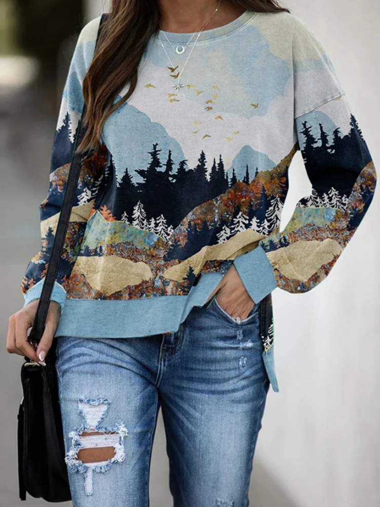 Mountain Art Painting Series Printed Casual Sweatshirt