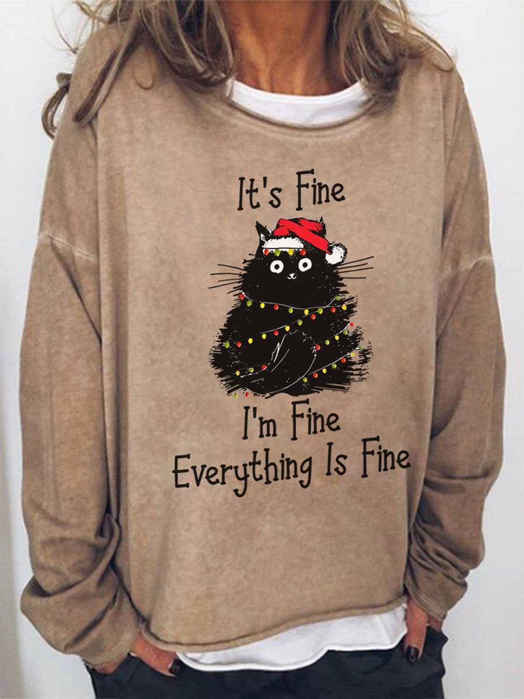 It's Fine I'm Fine Everything Fine Christmas Cat Print Sweatshirt