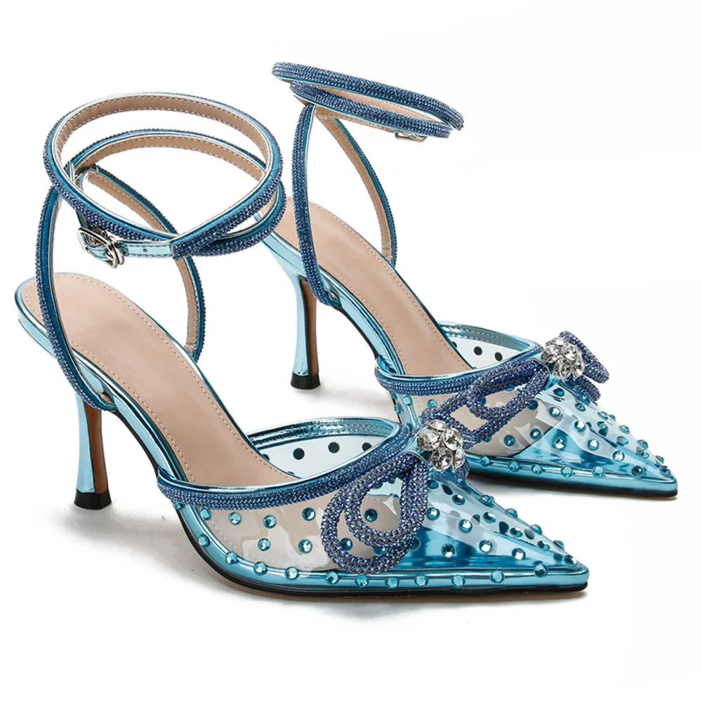 85mm Women's Stiletto Heel Ankle Strap Pumps Pointed Toe Crystal High Heels Sandals Summer Banquet Daily Wedding Shoes-MERUMOTE