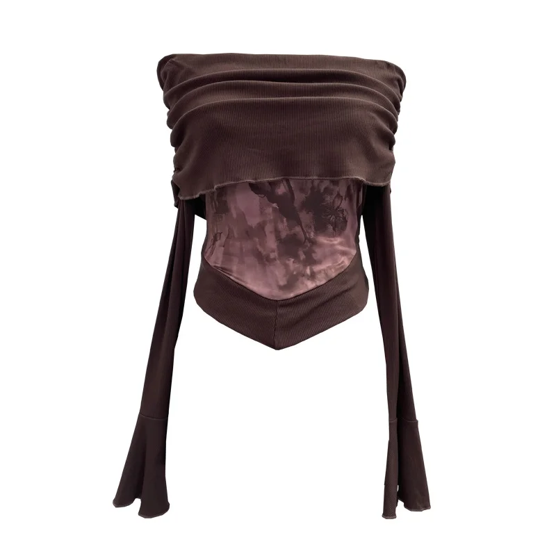 Uveng Real Shooting Maillard Wasteland Wind Word Shoulder Long-Sleeved Top Print Spliced Knitted Horn Sleeve Short T-Shirt 2663