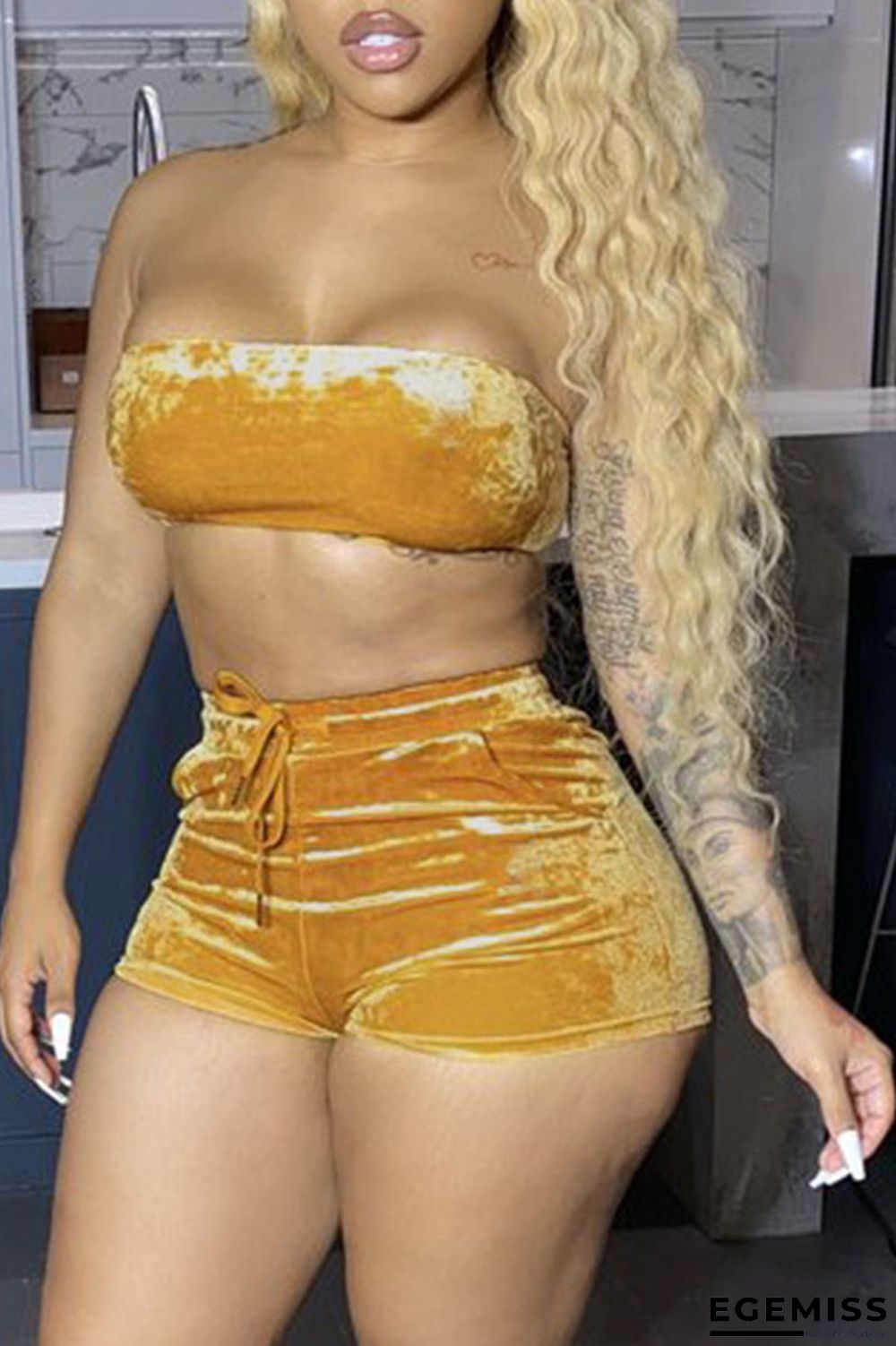 Yellow Sexy Pleuche Patchwork Solid Patchwork Vests Strapless Sleeveless Short Two Pieces | EGEMISS