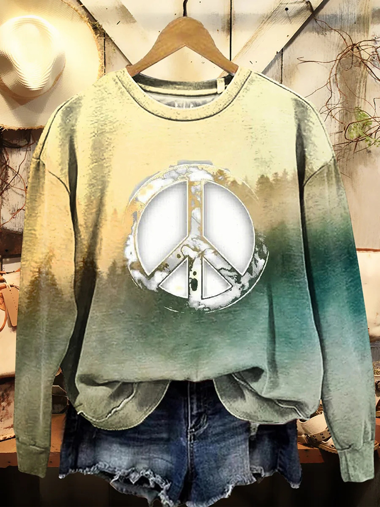 Comstylish Women's Vintage Hippie Peace Sign Print Crew Neck Sweatshirt