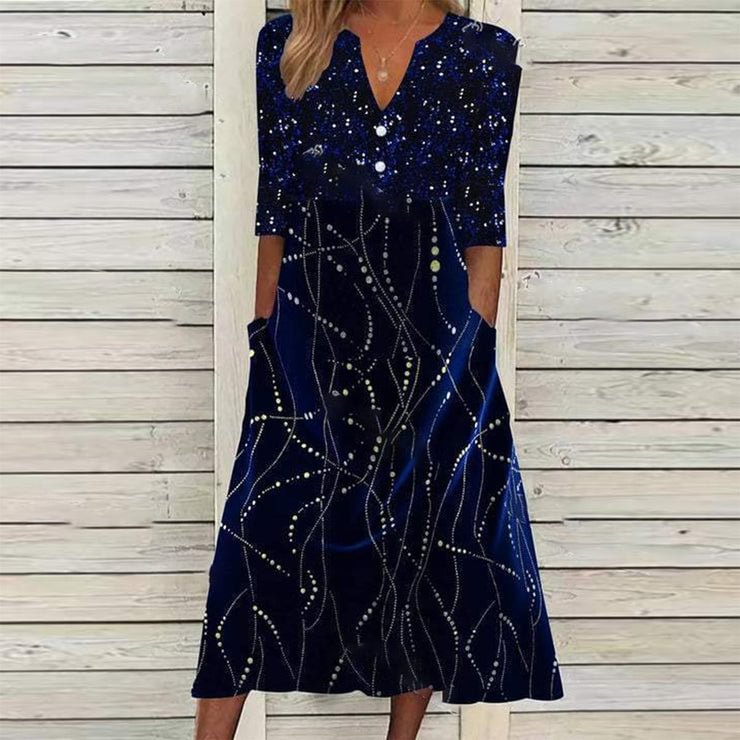 Midnight Blue Constellation Line Print Side Pocket Midi Dress  LILYELF