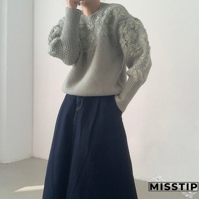 Thanksgiving Gift Vintage Daisy Embroidery Sweaters Women Korean Style Loose Lantern Sleeves Knit Pullovers Female Autumn Winter Thick Warm Jumper