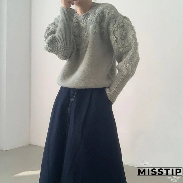 Thanksgiving Gift Vintage Daisy Embroidery Sweaters Women Korean Style Loose Lantern Sleeves Knit Pullovers Female Autumn Winter Thick Warm Jumper