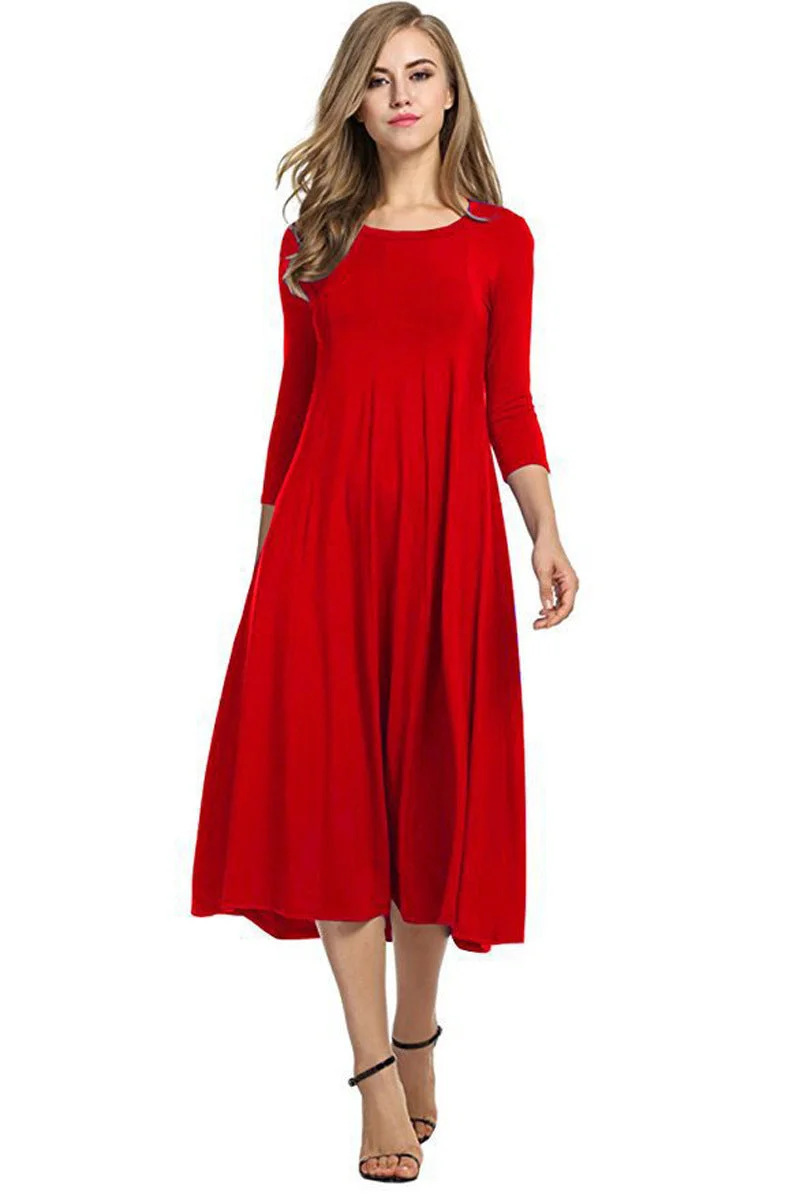 Uveng Women Round Neck Shirt Half Sleeve Solid Long Skirt Color Wide Hem Dress