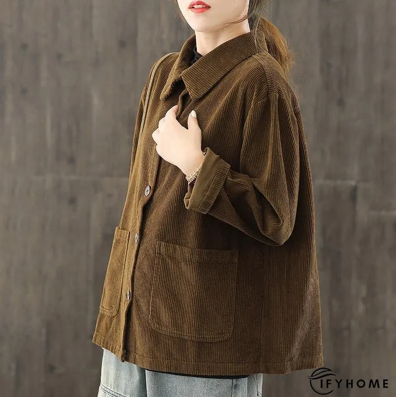 Women Plus Size Pocket Corduroy Coat | IFYHOME