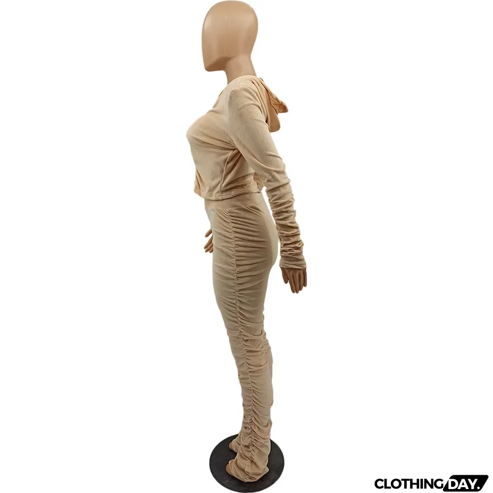 Velvet Pleated Zipper Hooded Jacket Skinny Pants Suit