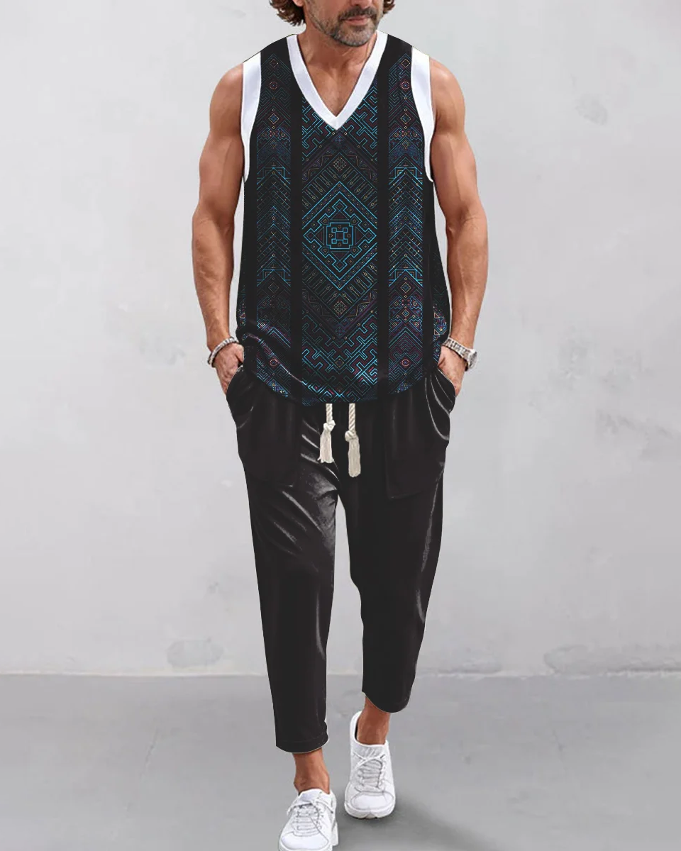 Men's daily casual V-neck vest with trousers Set 005