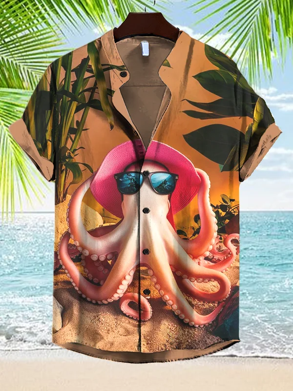 Men's Octopus Sunbathing On The Beach Art Print Short Sleeve Shirt