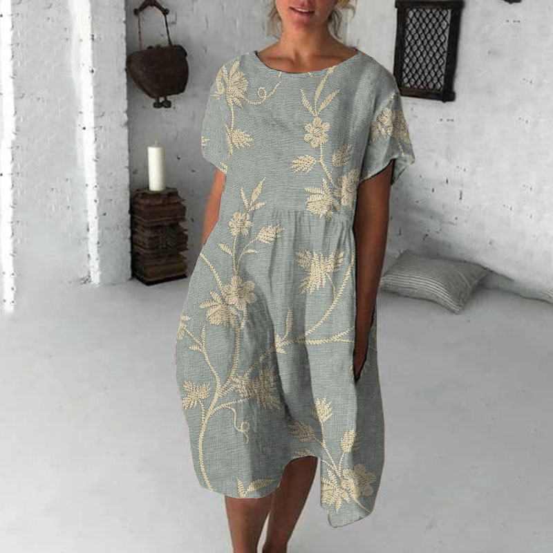 Comstylish Women'S Retro Floral Print Cotton Linen Round Neck Midi Dress