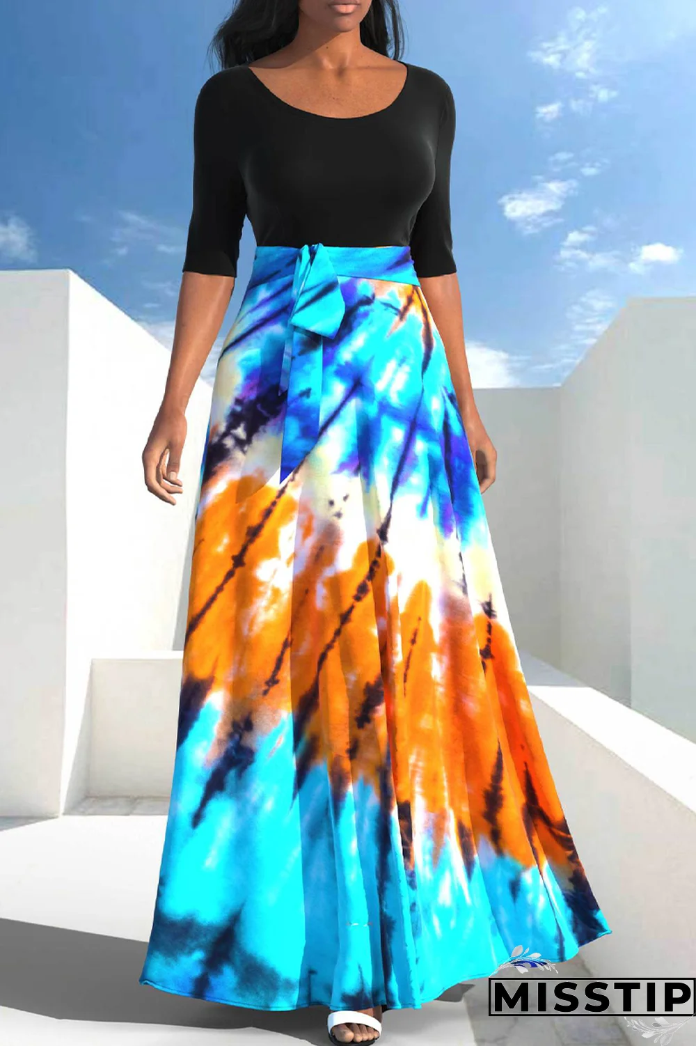Blue Black Casual Patchwork Tie-dye O Neck Dresses