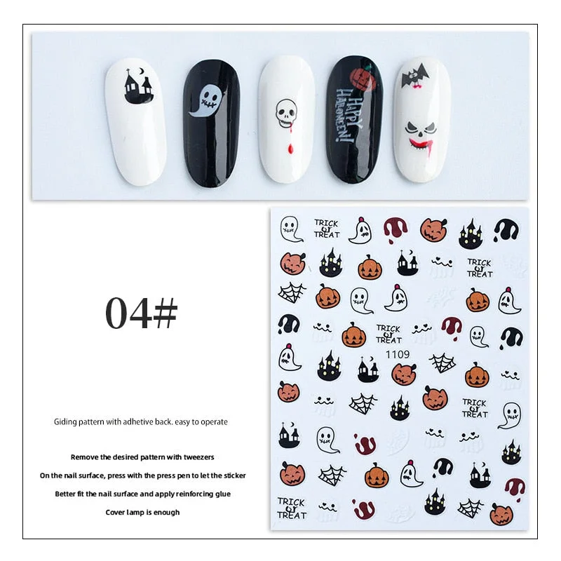 Halloween 3D Nail Stickers Skeleton Pumpkin Design Adhesive Nail Transfer Sliders Paper Autumn Winter DIY Nail Art Decoration