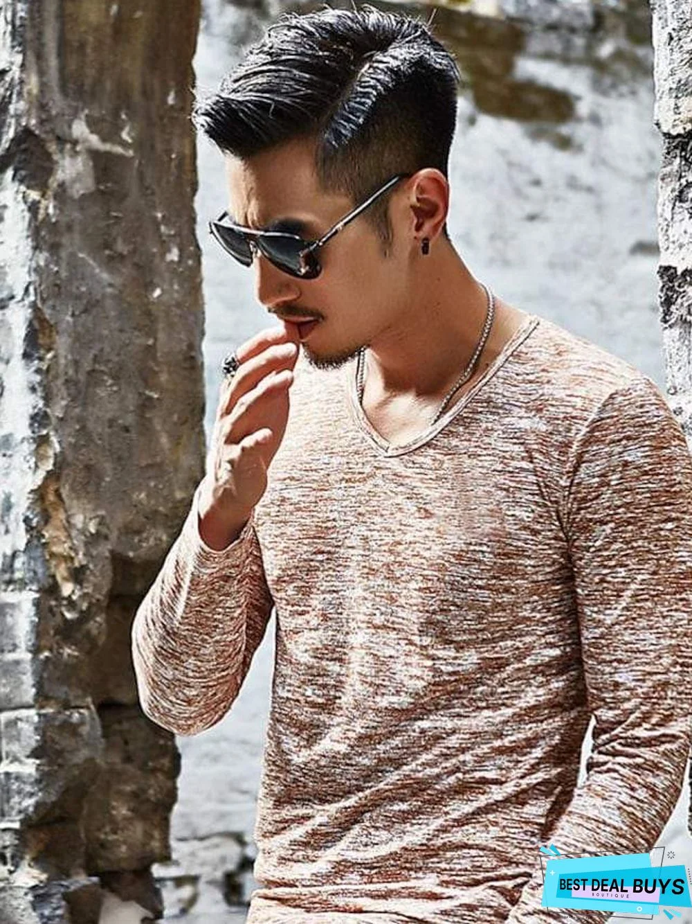 Men's T-Shirt Graphic Solid Colored Print Long Sleeve Daily Slim Tops Basic V Neck Blue Fuchsia Black / Fall / Spring